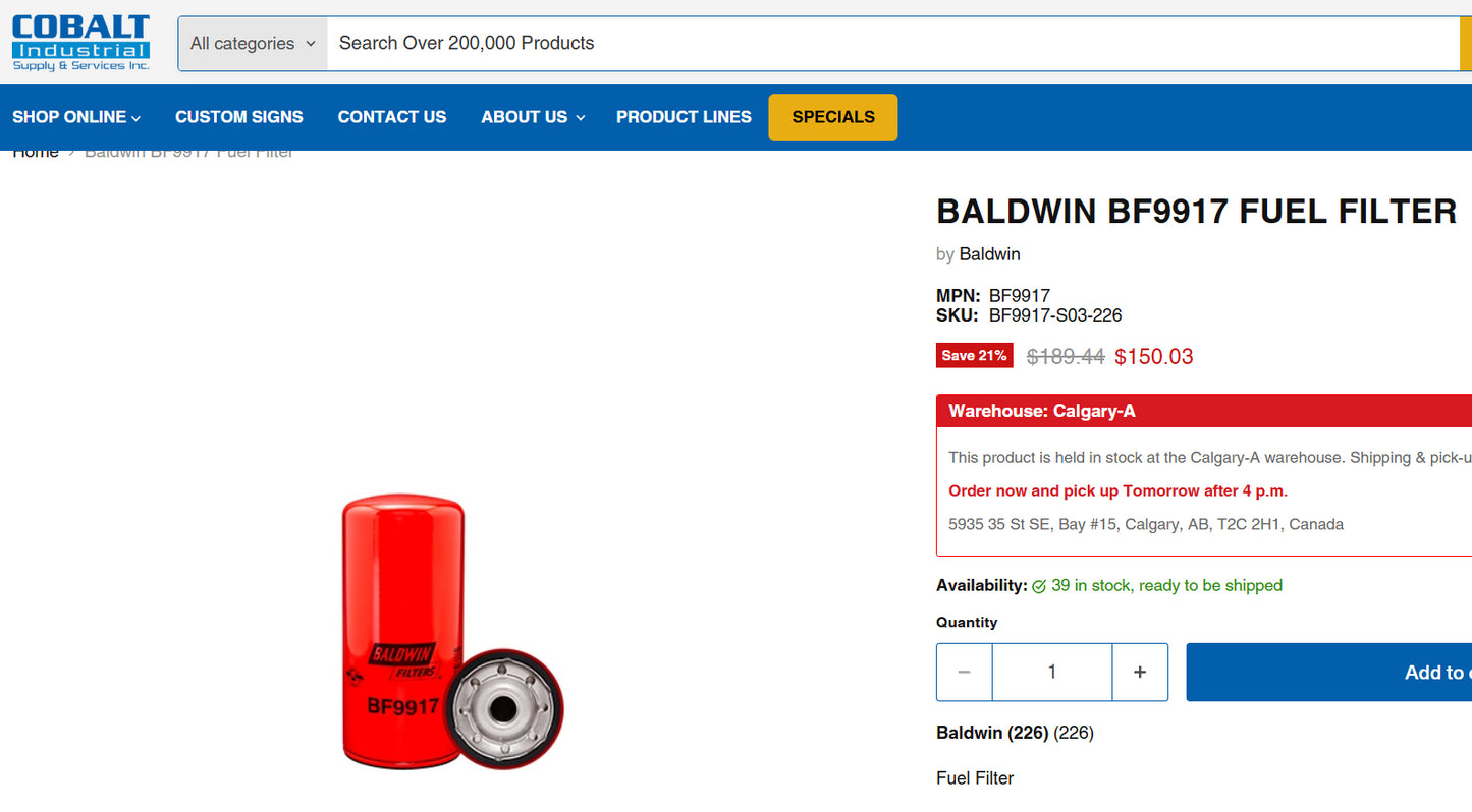 Baldwin Heavy-Duty Spin-on Fuel Filter (BF9917) – BRAND NEW