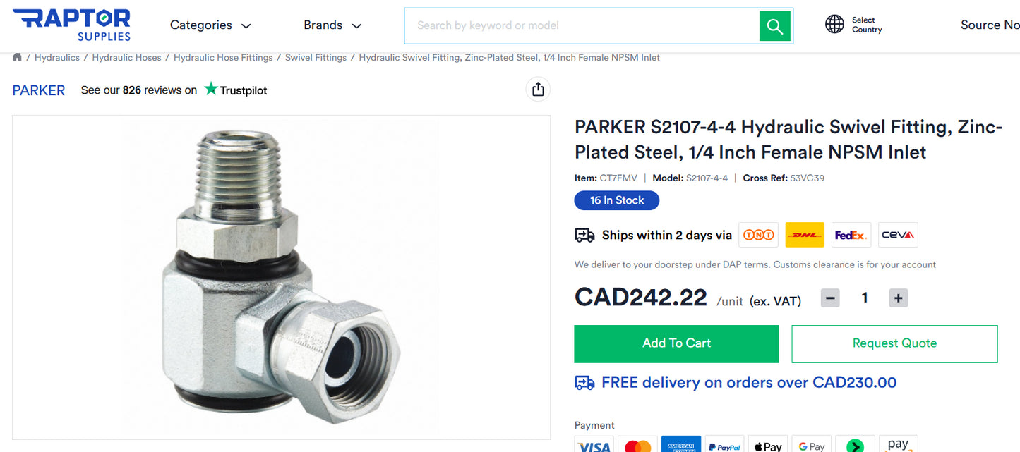 Parker S Series – Steel Hydraulic 90-Degree Elbow/Pipe Swivel Fitting (S2107-4-4, 1/4" Female NPTM Inlet, 1/4" Male NPTF Outlet)