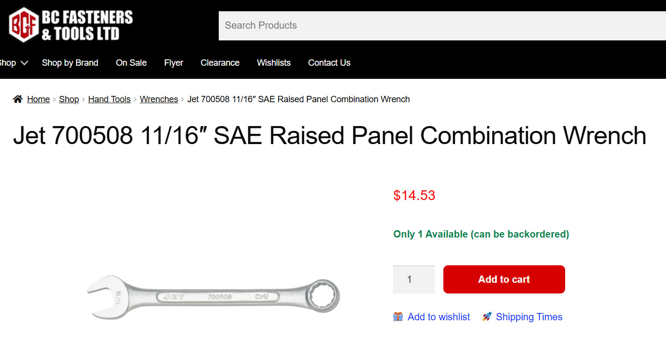 JET 11/16” SAE Raised Panel Combination Wrench (Model 700508, Chrome Vanadium)