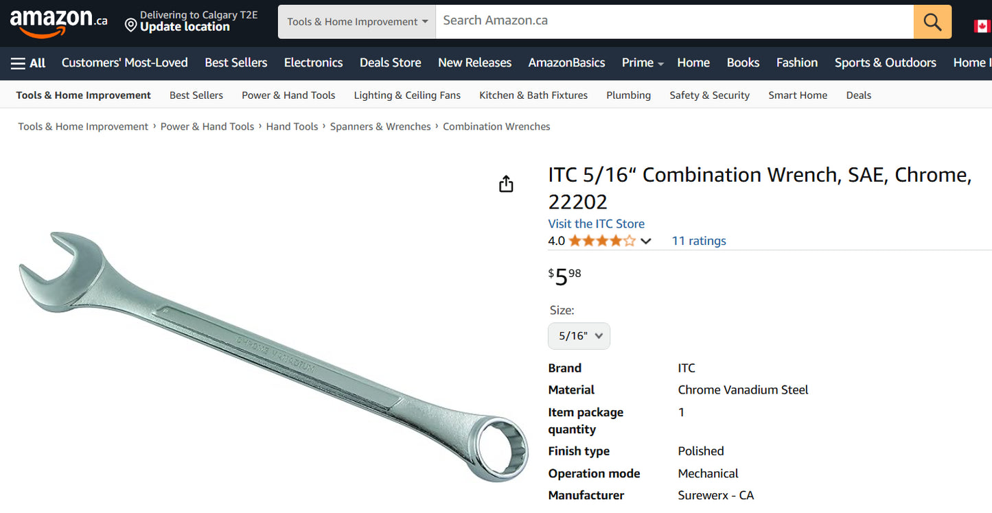5/16” Combination Wrench (Chrome Vanadium)