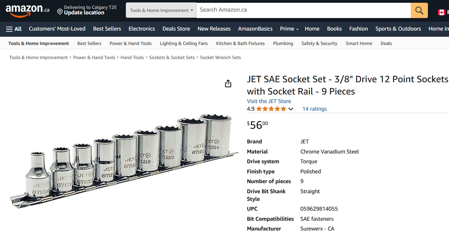 JET SAE Socket Set - 3/8" Drive 12 Point Sockets with Socket Rail (9-piece set) – ONLY SLIGHTLY USED