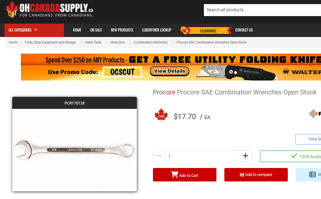 Procore 7/8” SAE Combination Wrench (Model 17-0128, Chrome Vanadium)