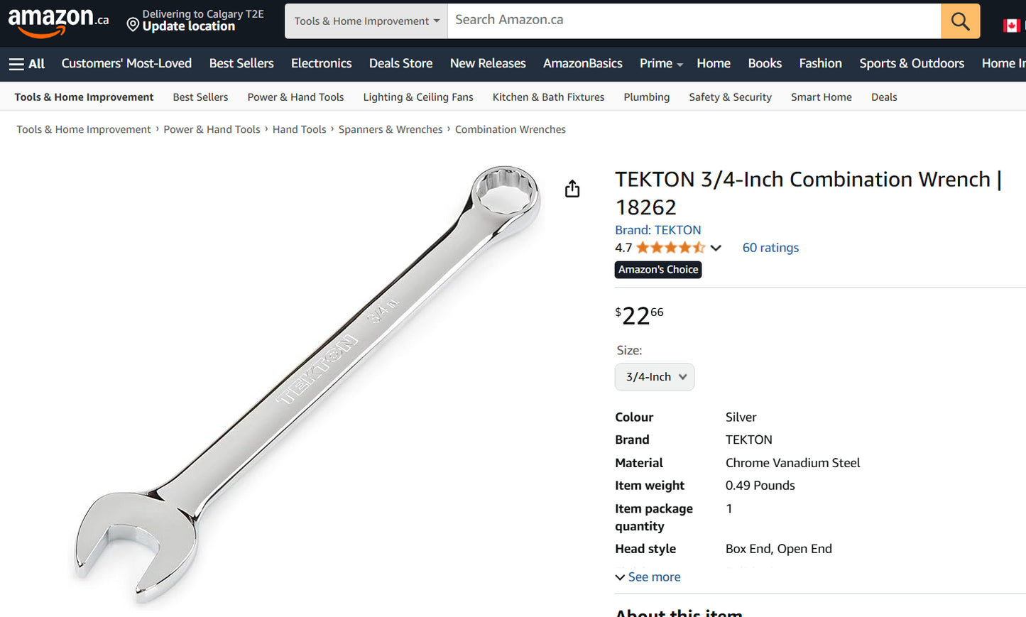3/4” Combination Wrench (Chrome Vanadium)