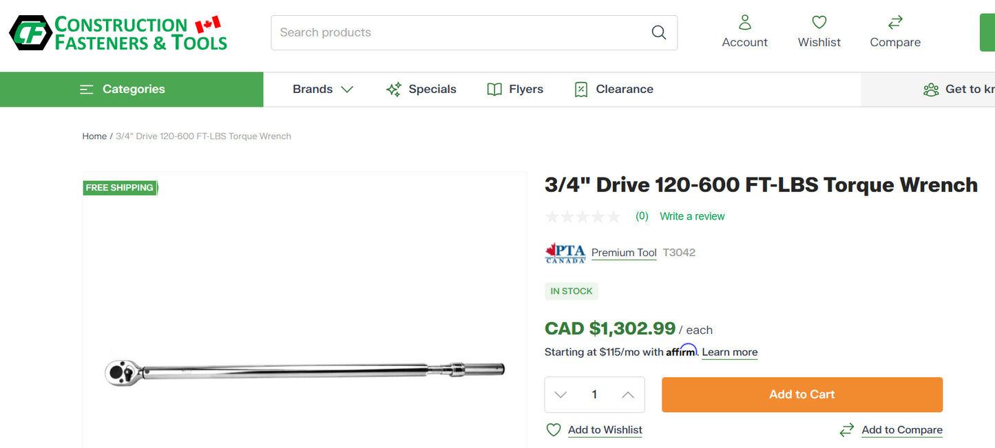 PTA Canada 3/4" Drive Torque Wrench with Case (T2998)