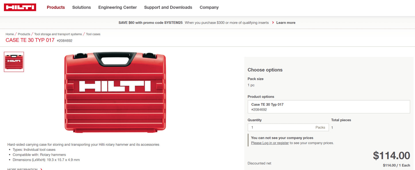 Hilti TE 30 Tool Case (Type 017) – compatible with rotary hammers