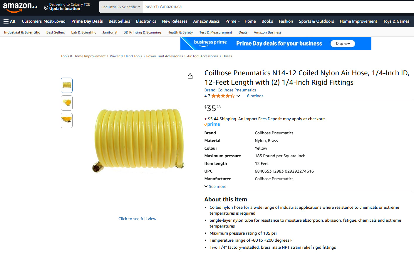 8-Foot Coilhose Pneumatics 1/4” (6.20mm) Diameter Coiled Nylon Air Hose with Male/Female Fittings (185 PSI Max Pressure)