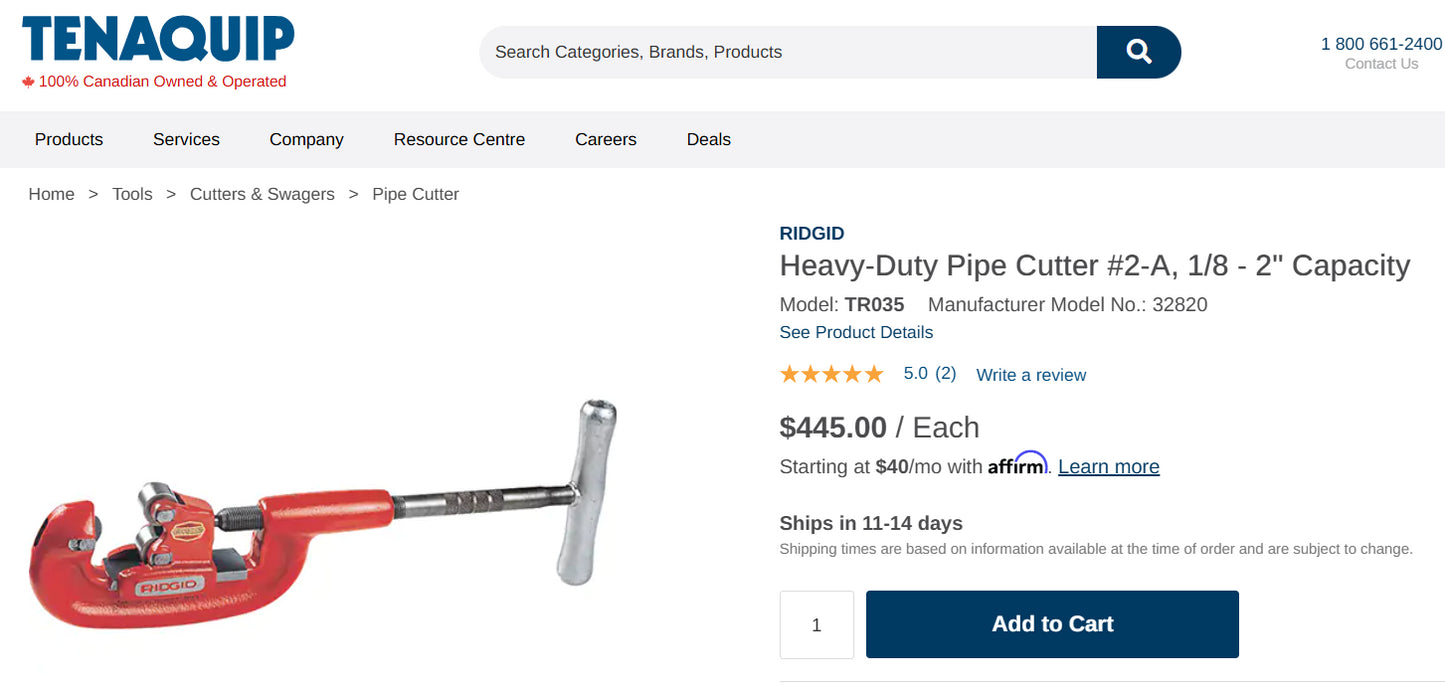 RIDGID Heavy-Duty Pipe Cutter, Model 2A/202 (1/8” to 2” Capacity)