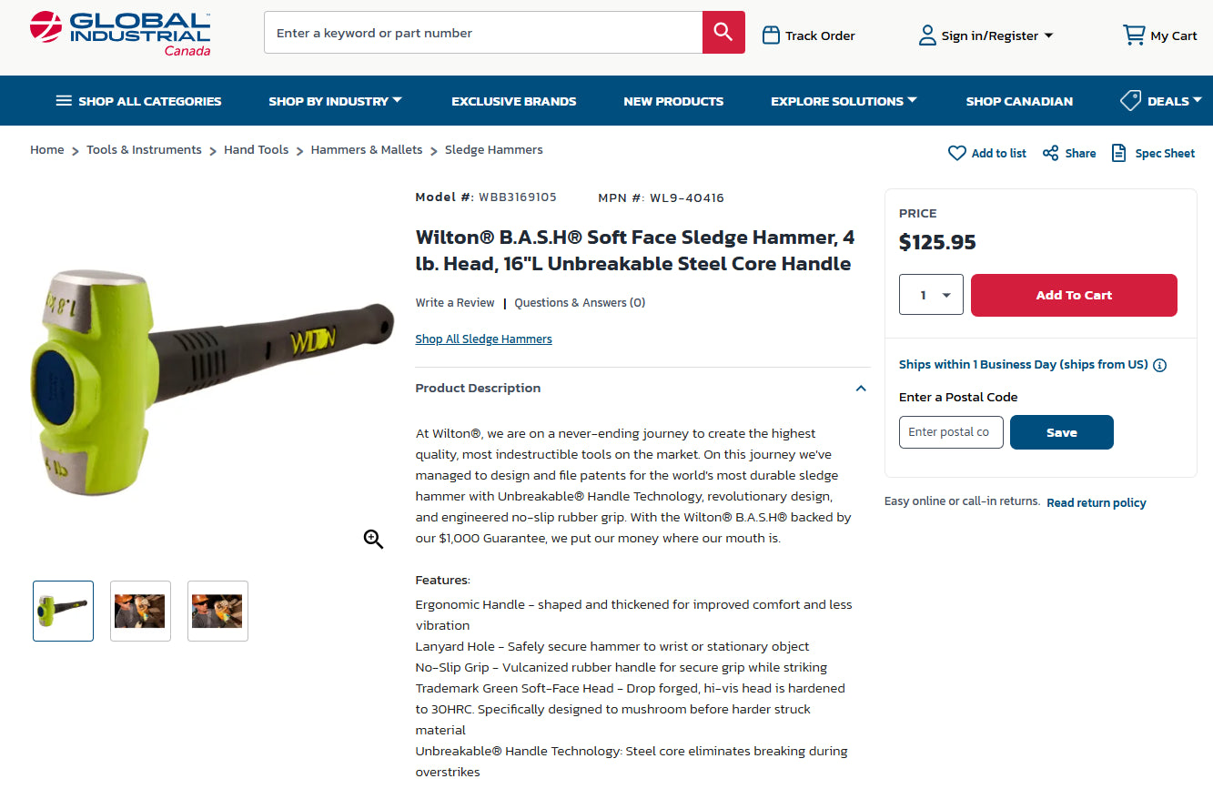 Wilton 4 lb Soft-Face Sledgehammer with 16” Unbreakable Rubber Handle (Model 20006)