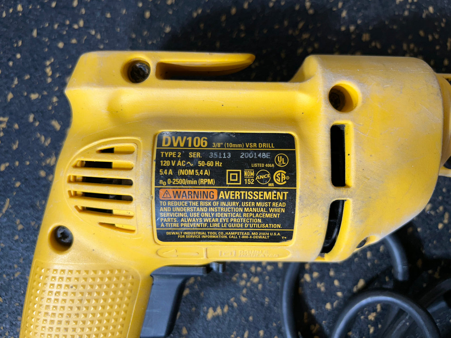 DEWALT DW106 3/8” (10mm) 5.4-Amp Corded Variable Speed Reversing (VSR) Pistol Grip Drill