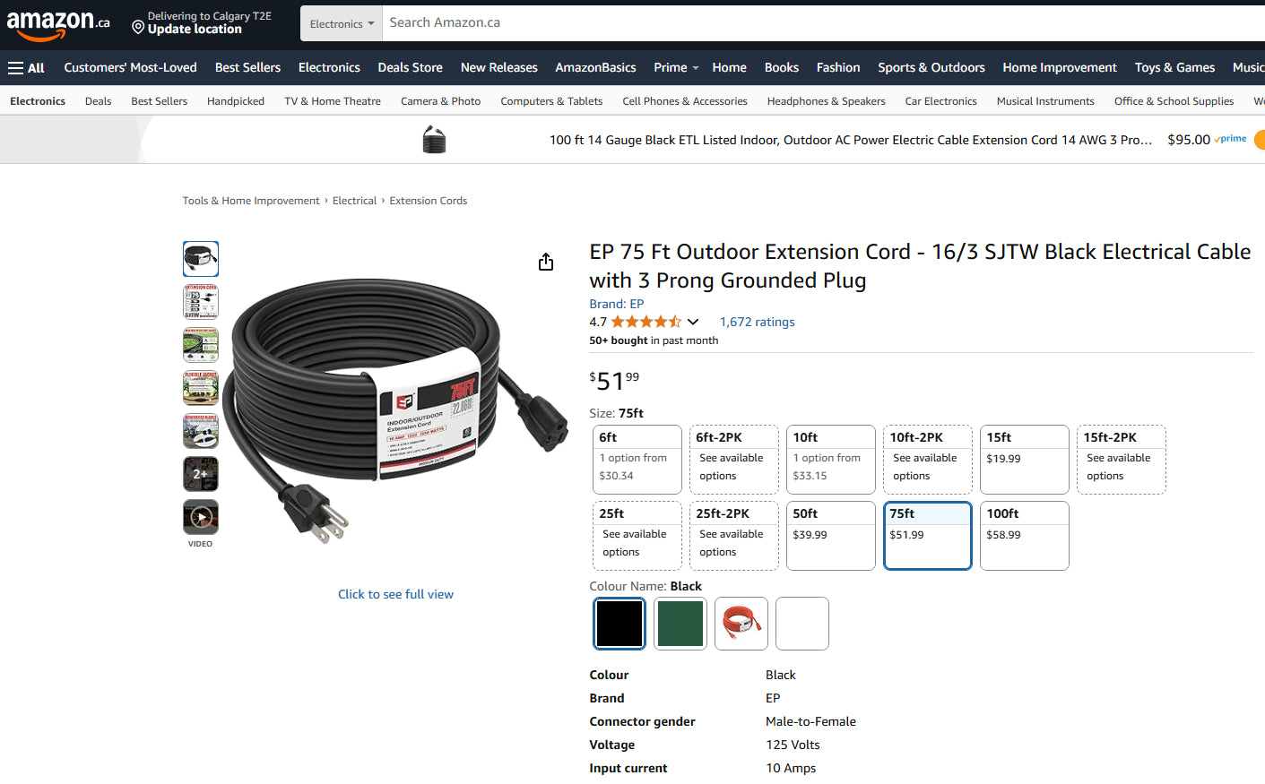 75-Foot Outdoor Extension Cord (3-Prong, 16 AWG)