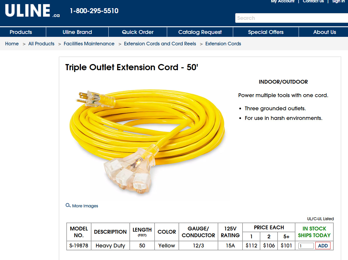 50-Foot Triple Outlet Outdoor Extension Cord (3-Prong, 12 AWG, Water-Resistant)