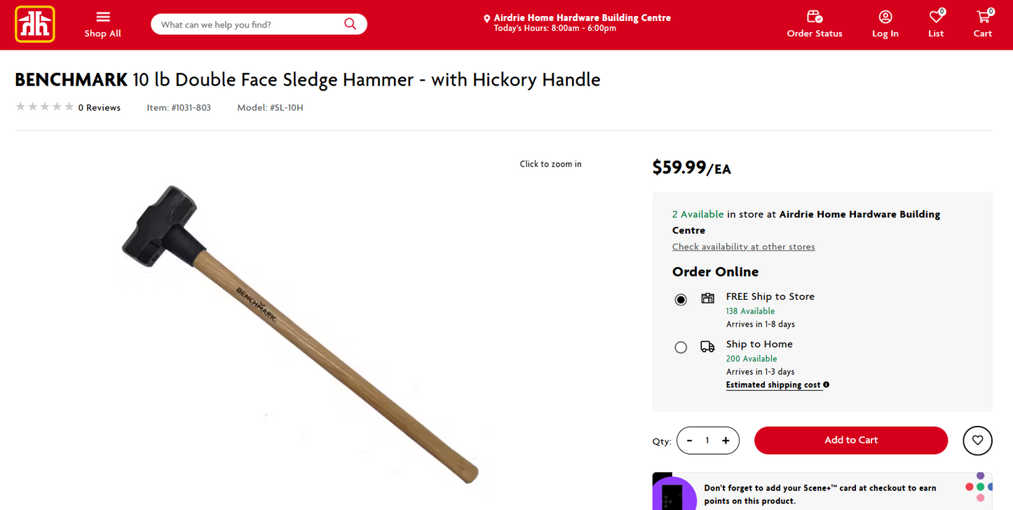 10 lb Sledgehammer with Wood Handle (36” Total Length)