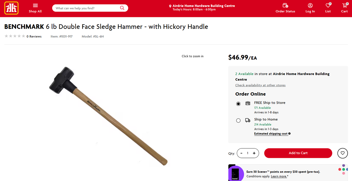 6 lb Sledgehammer with Wood Handle (30” Total Length)
