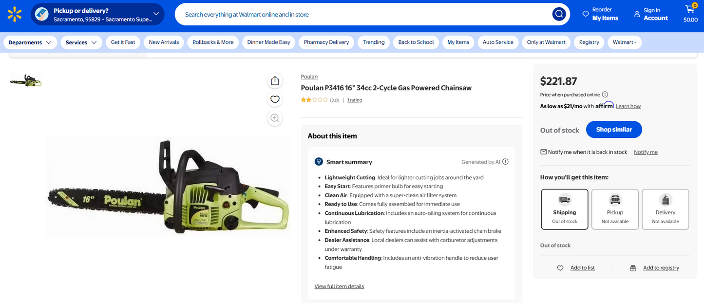 Poulan P3416 16” 34cc 2-Cycle Gas Powered Chainsaw – comes with 18” Poulan Pro Bar & Chain