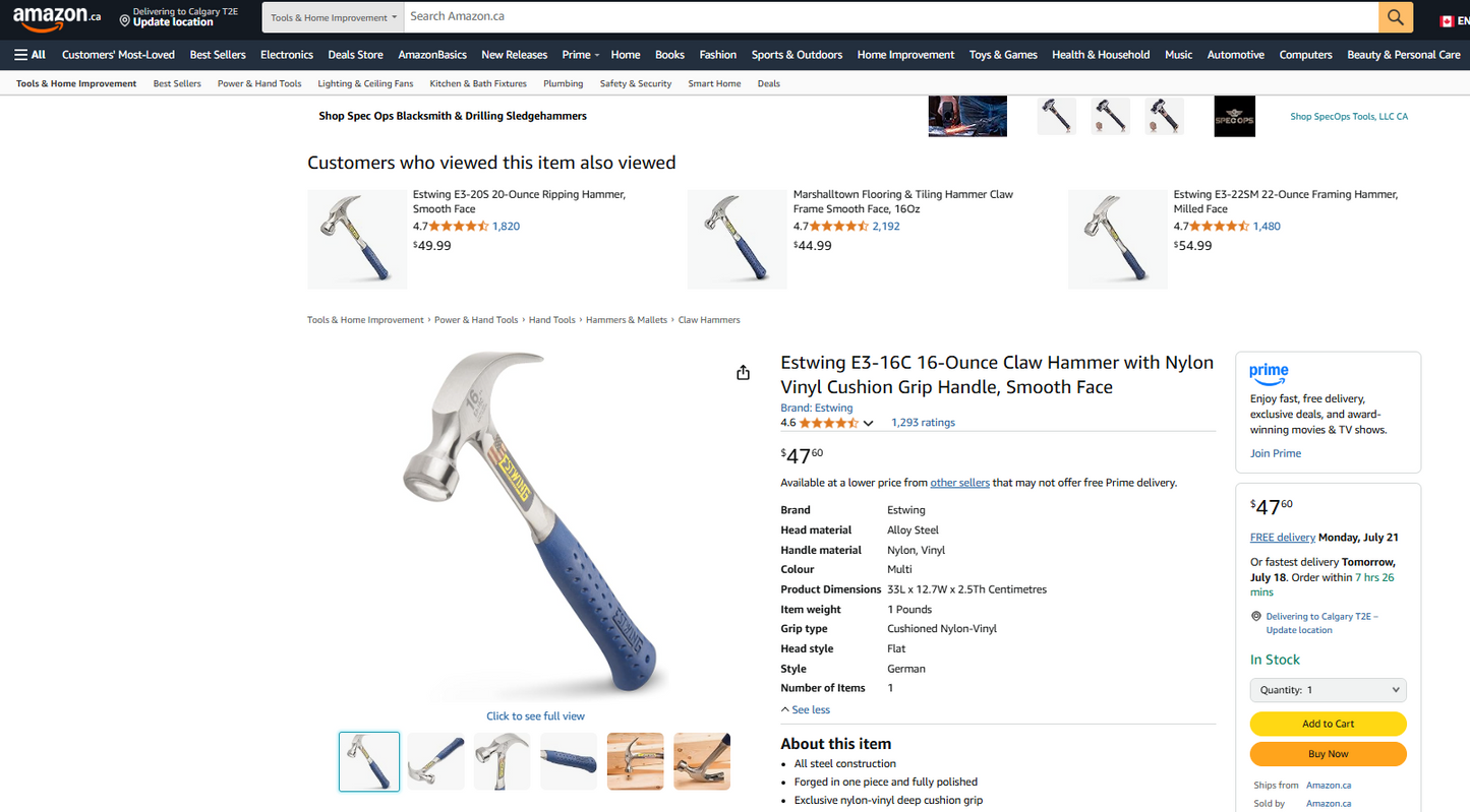 Estwing 16oz Smooth Face Curved Claw Hammer (Nylon Vinyl Cushion Grip Handle) – Model E3-16C