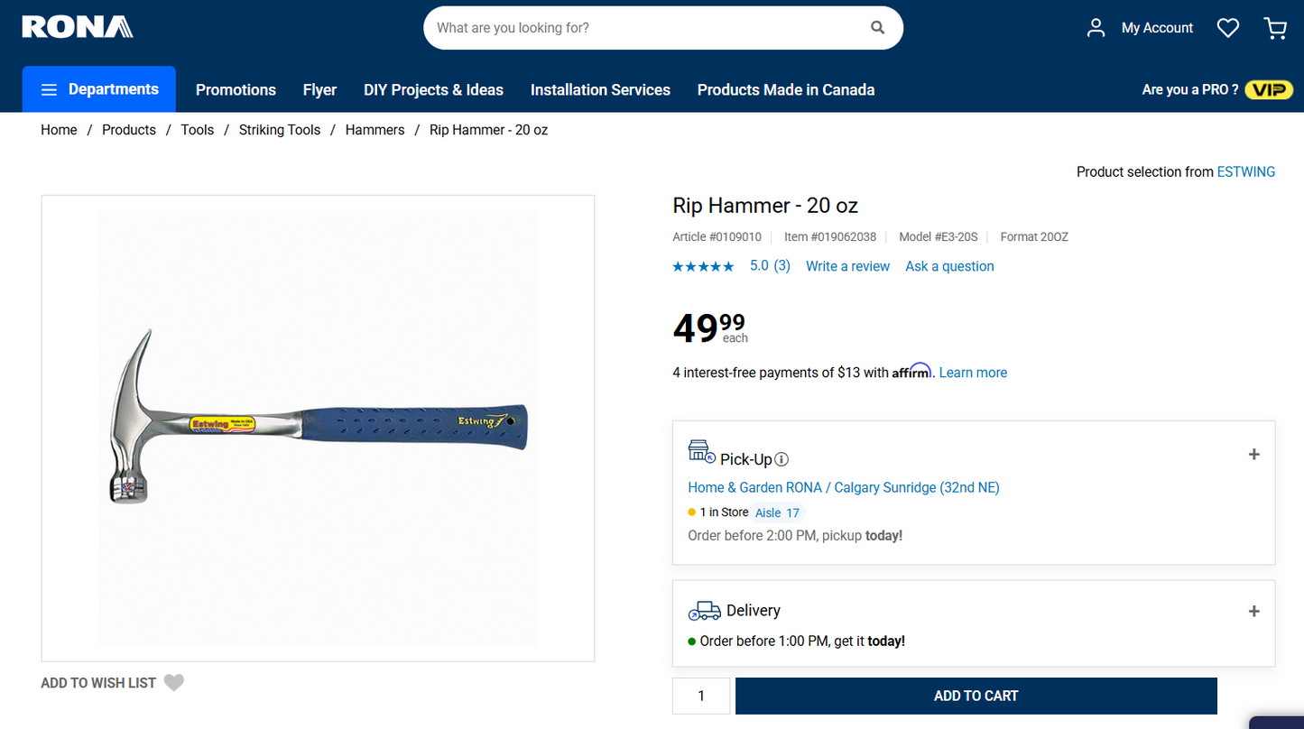 Estwing 20oz Rip Claw Hammer – Model E3-20S