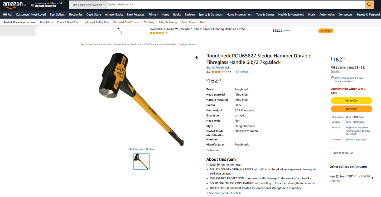 Roughneck 6 lb (2.7 kg) Sledgehammer with Durable Fibreglass Handle (ROU65627) – 35” Total Length