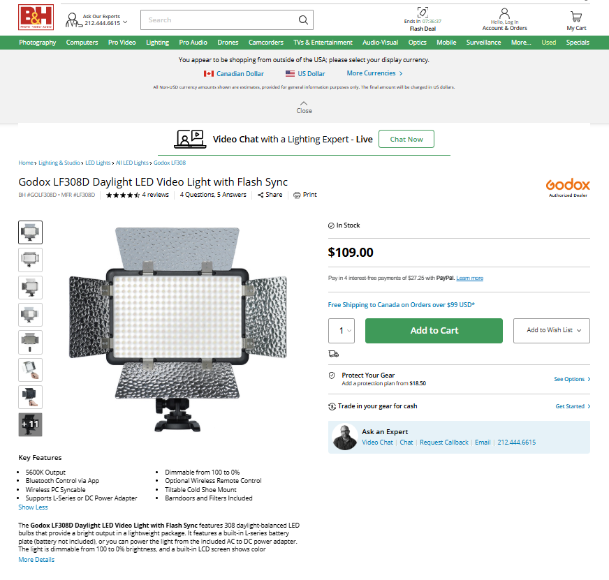 Godox LF308D Daylight LED Video Light with Flash Sync