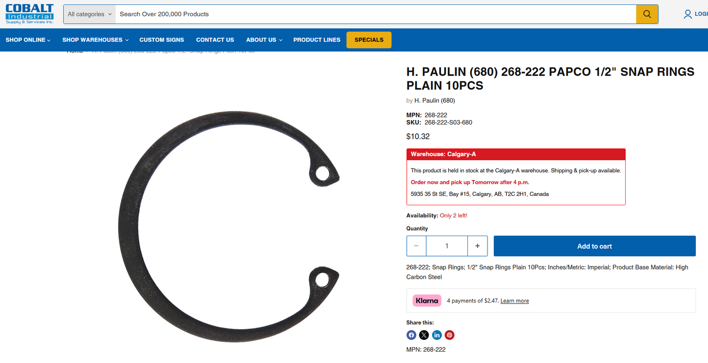 Paulin 1/2" Snap Rings, Plain (268-222, 10-piece pack) – BRAND NEW