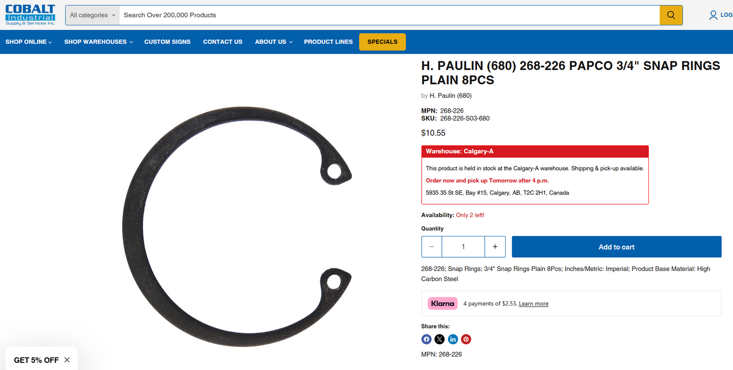 Paulin 3/4" Snap Rings, Plain (268-226, 8-piece pack) – BRAND NEW