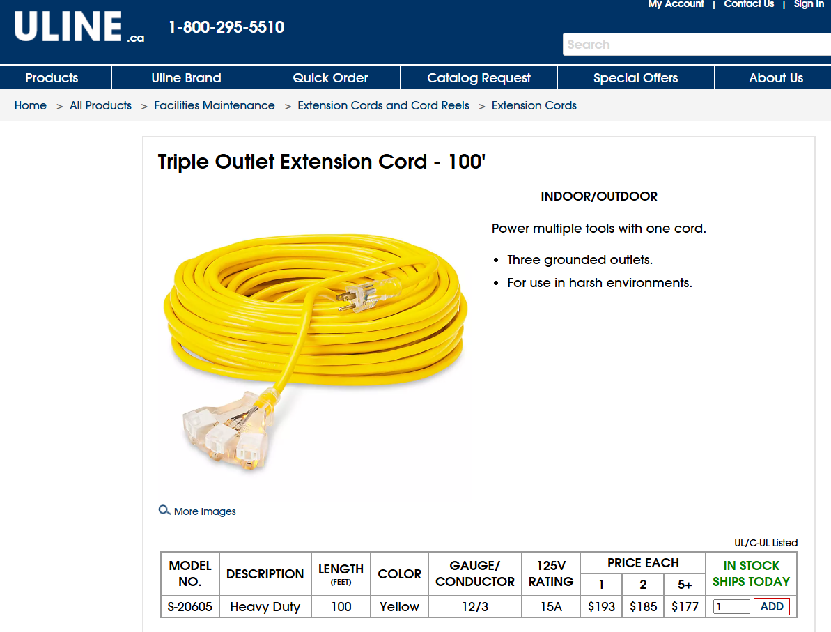 100-Foot Triple Outlet Extension Cord (3-Prong, 12 AWG)
