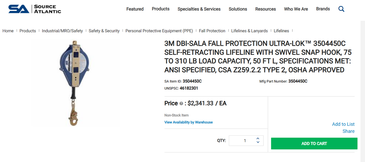 3M DBI-SALA Ultra-Lok 50-Foot Self-Retracting Lifeline with Swivel Snap Hook (75 to 310 lb Load Capacity) – 3 AVAILABLE