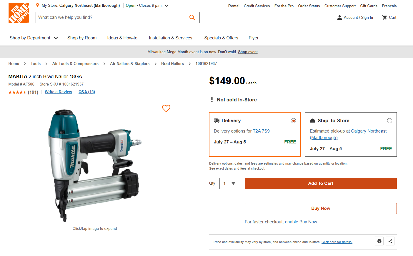Makita AF505 2” 18-Gauge Lightweight Pneumatic Brad Nailer