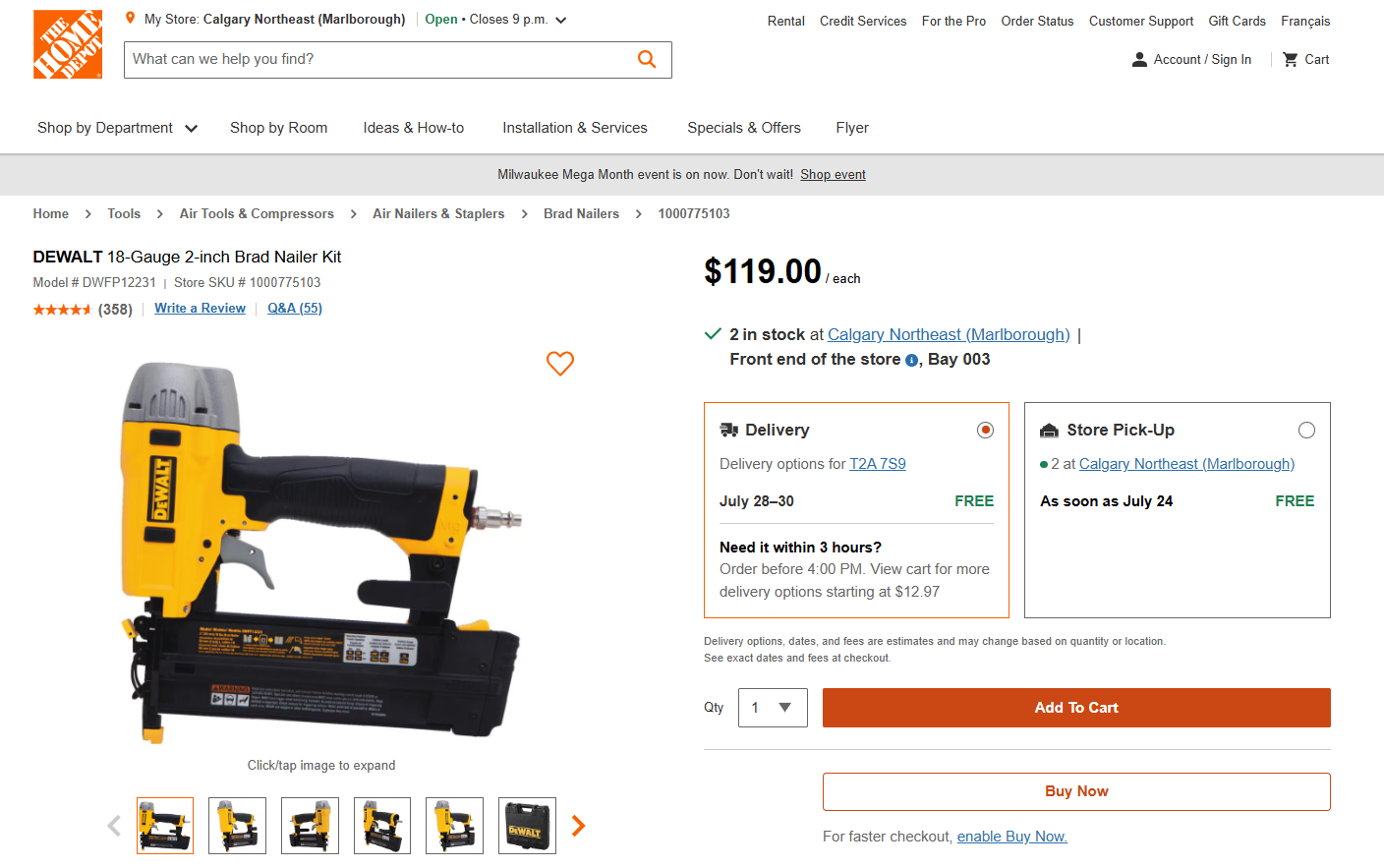 DEWALT 18-Gauge 2” Pneumatic Brad Nailer (DWFP12231)