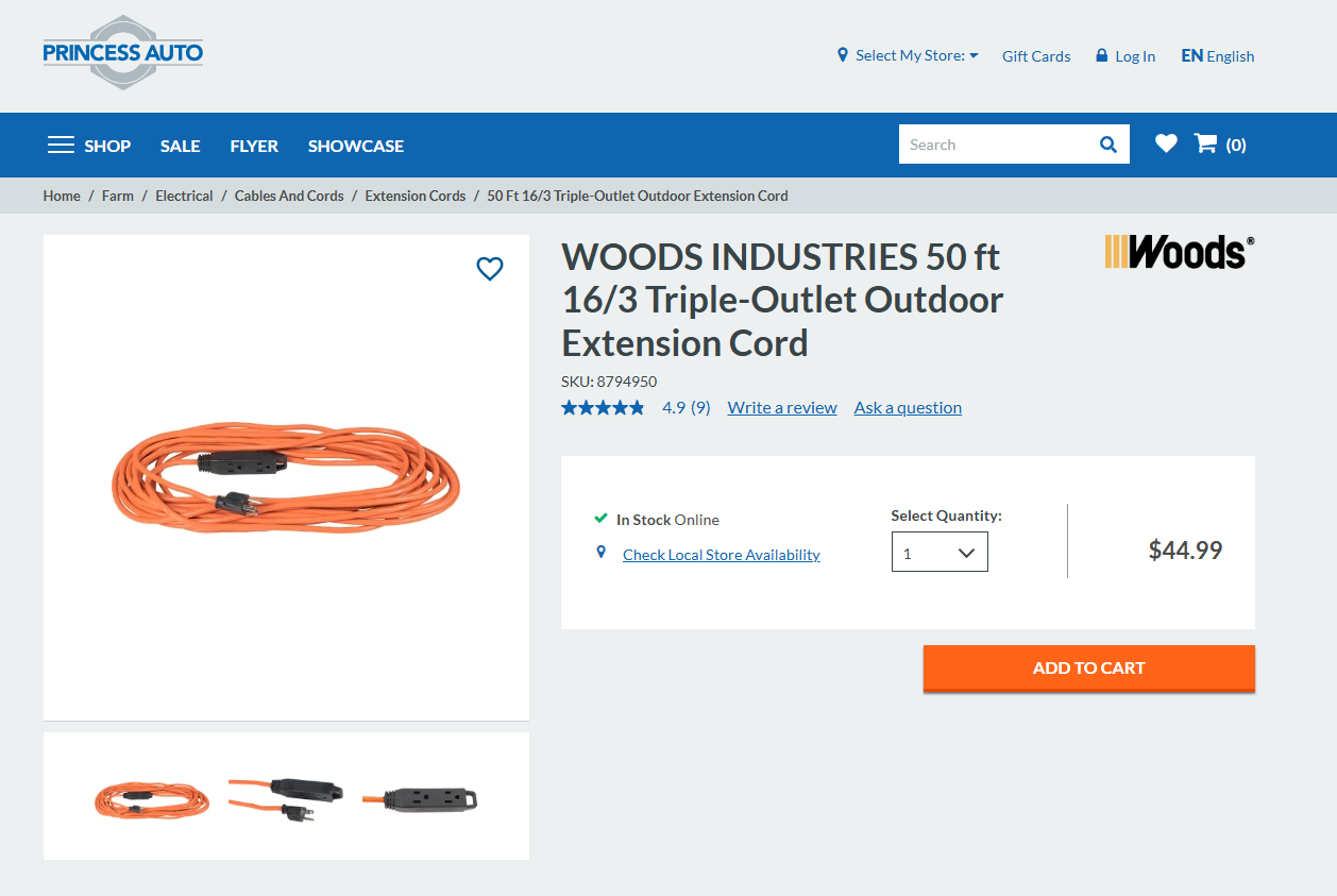 50-Foot Triple Outlet Extension Cord (3-Prong, 16 AWG)
