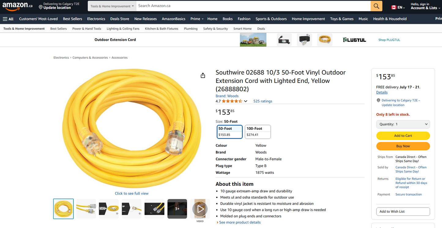 50-Foot Outdoor Extension Cord (3-Prong, 10 AWG, Water-Resistant)