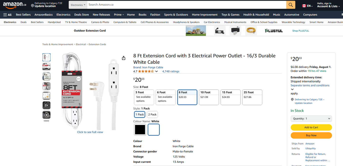8-Foot Triple Outlet Extension Cord (3-Prong, 16 AWG)