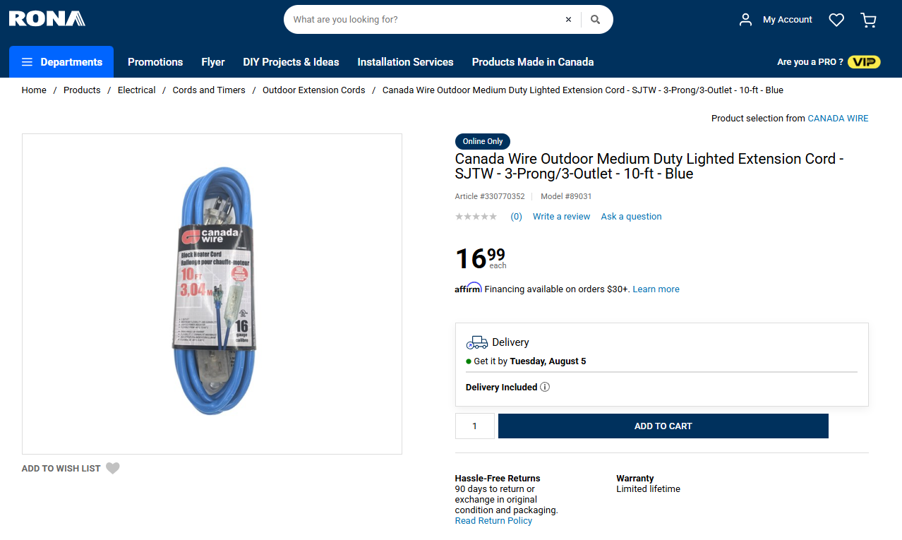 10-Foot Triple Outlet Outdoor Extension Cord (3-Prong, 16 AWG)