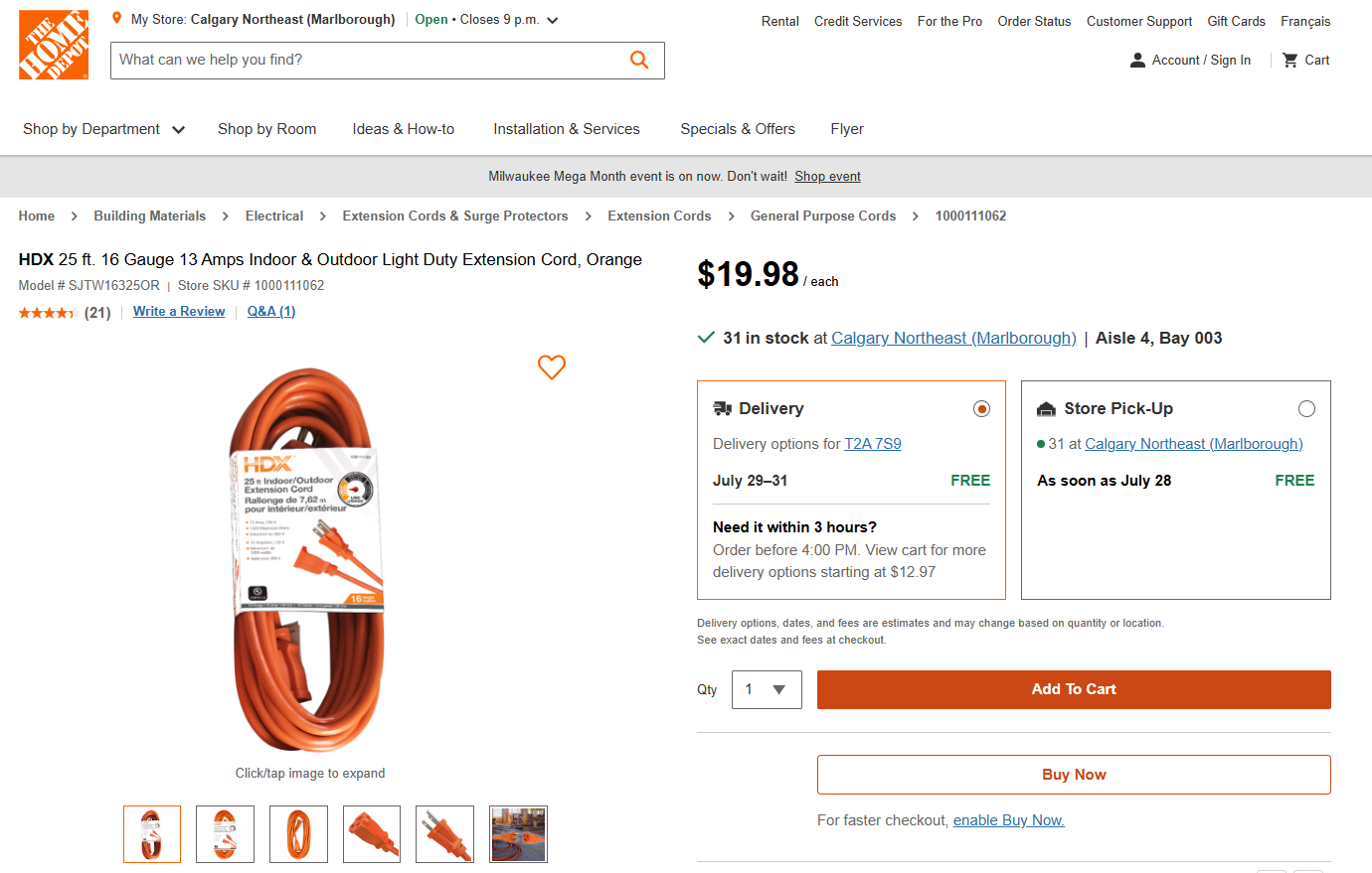 25-Foot Outdoor Extension Cord (3-Prong, 16 AWG)