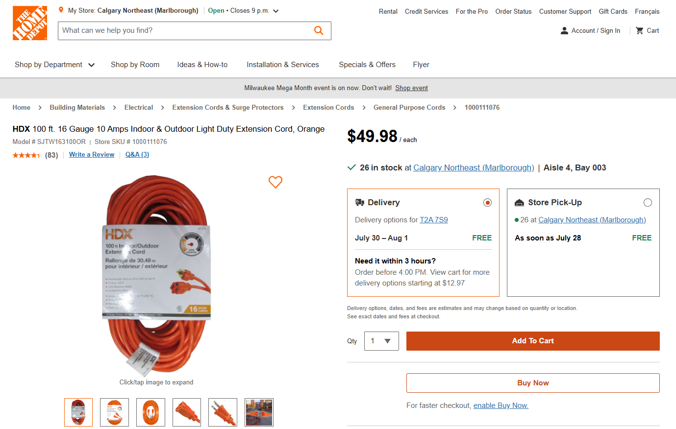 100-Foot Extension Cord (3-Prong, 16 AWG)