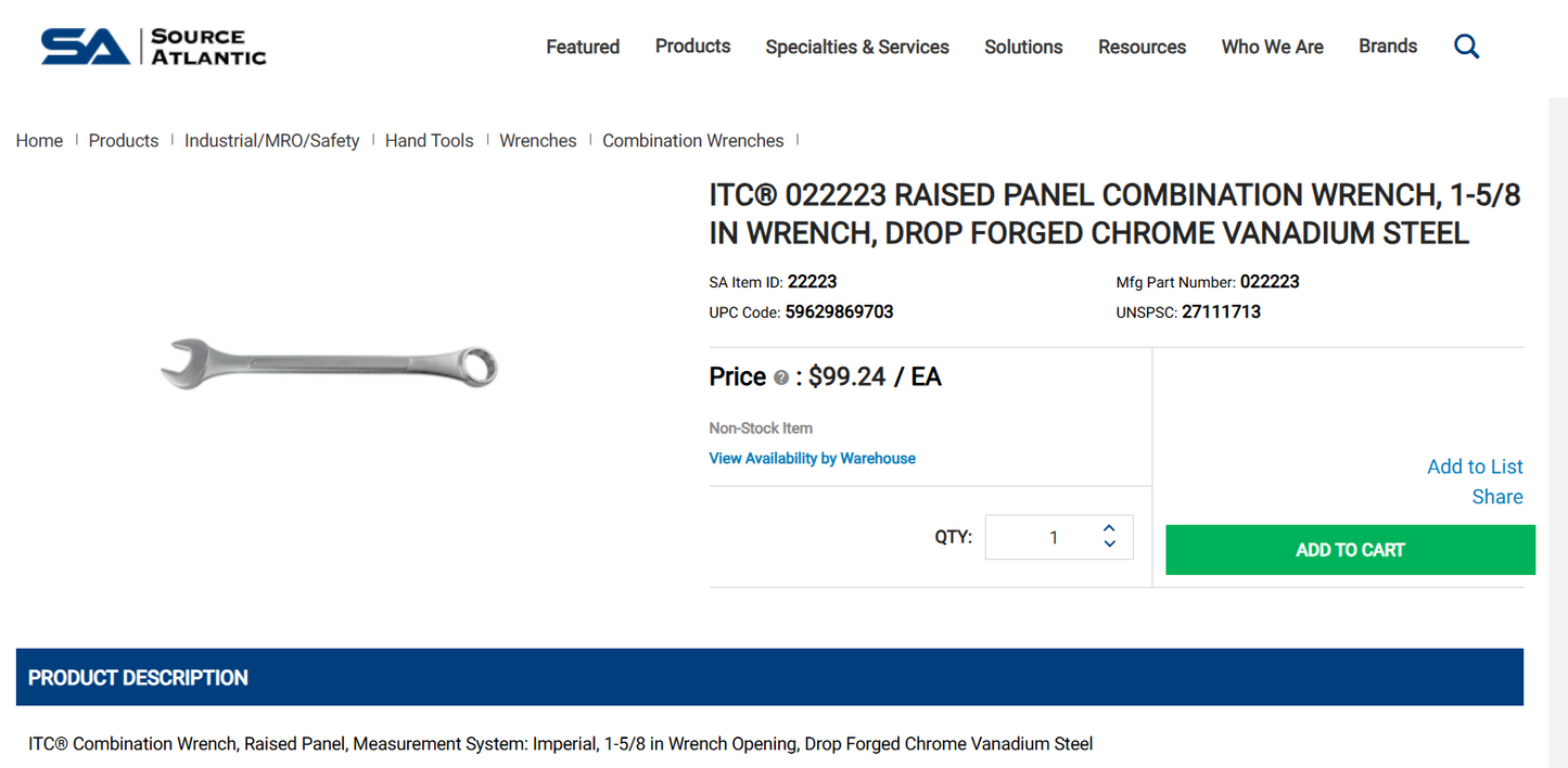 ITC 1-5/8” Raised Panel Combination Wrench (Drop Forged Chrome Vanadium Steel, Model 022223)