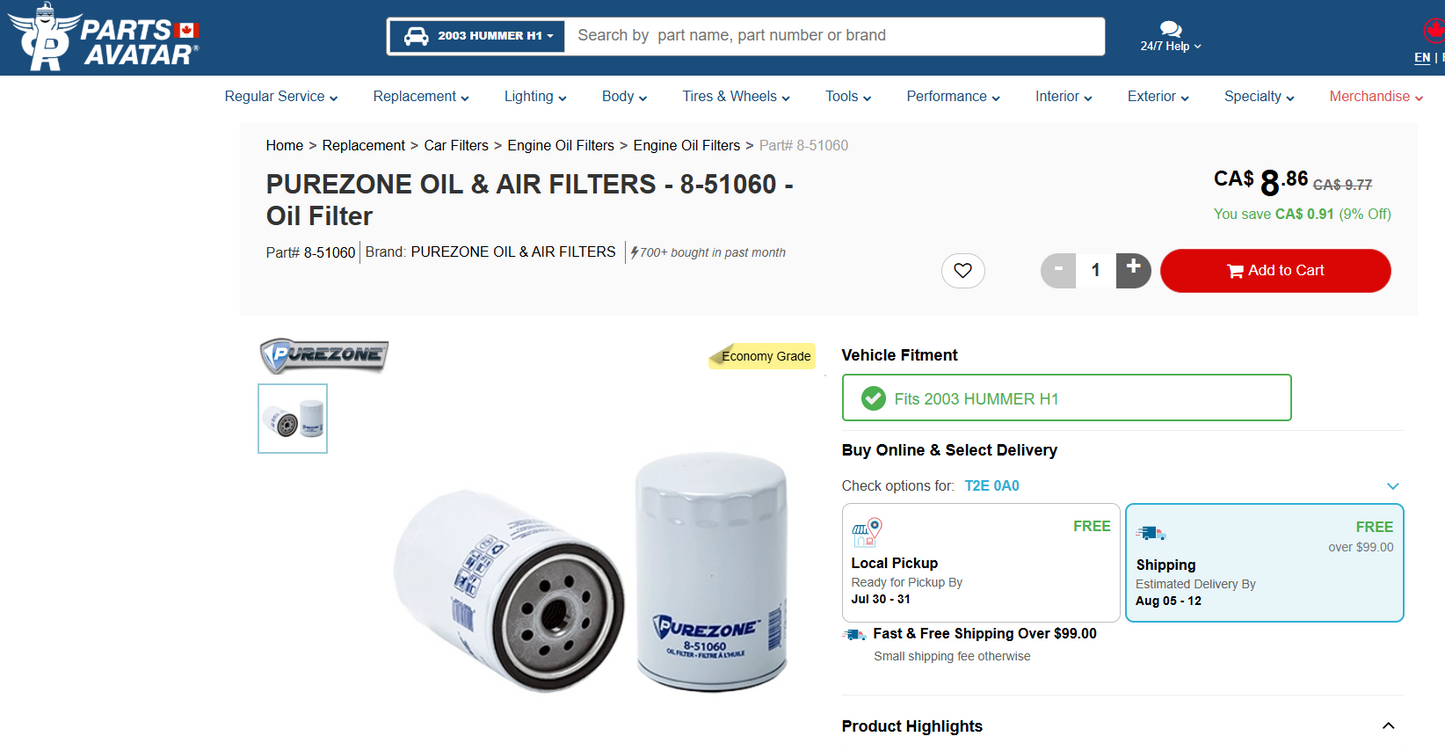 PUREZONE Spin-On Lube/Oil Filter (8-51060) – BRAND NEW