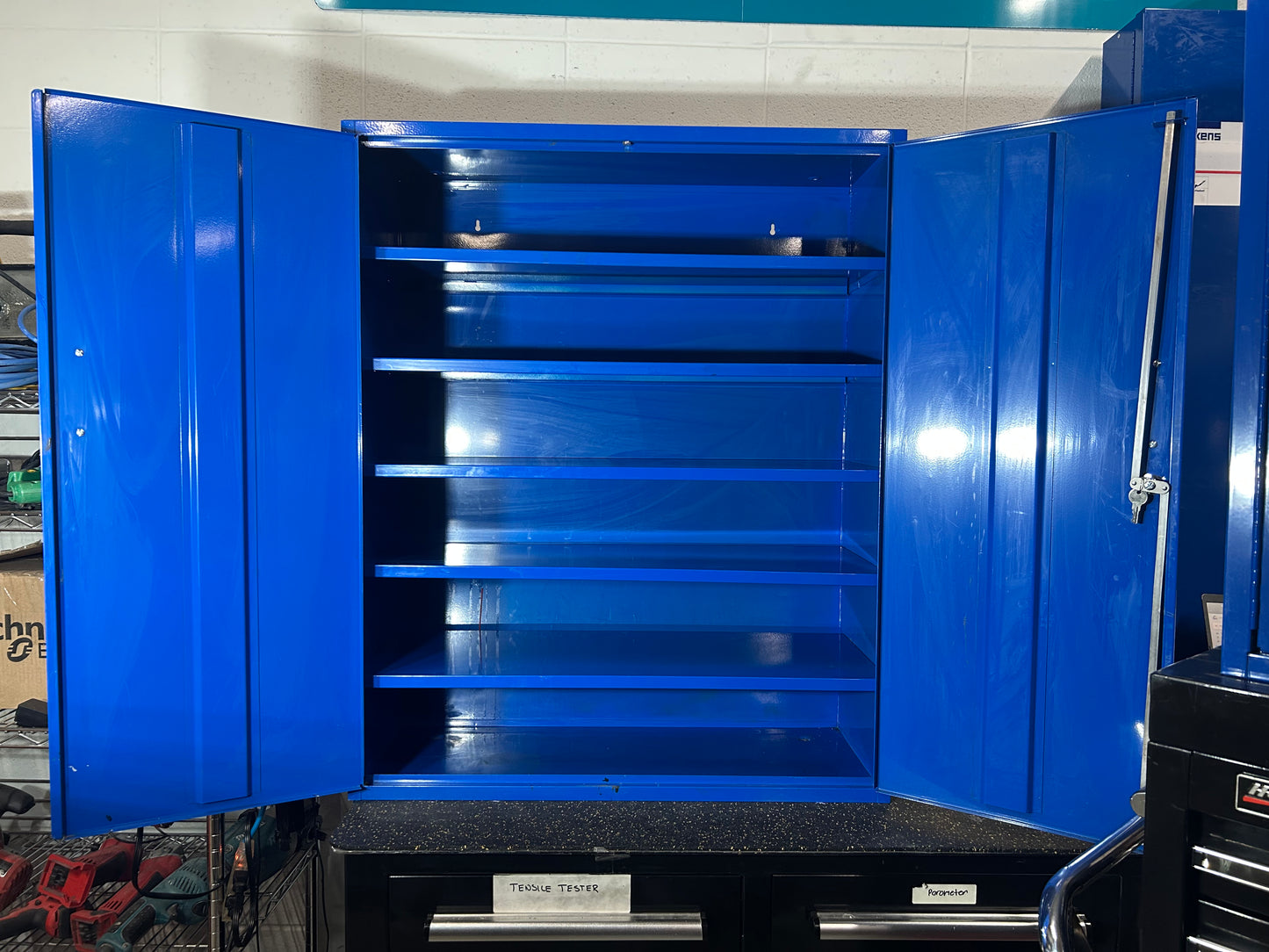 Wall Mounted Metal Storage Cabinet (Blue, 5 Adjustable Shelves, 32”W x 13.75”D x 39”H)