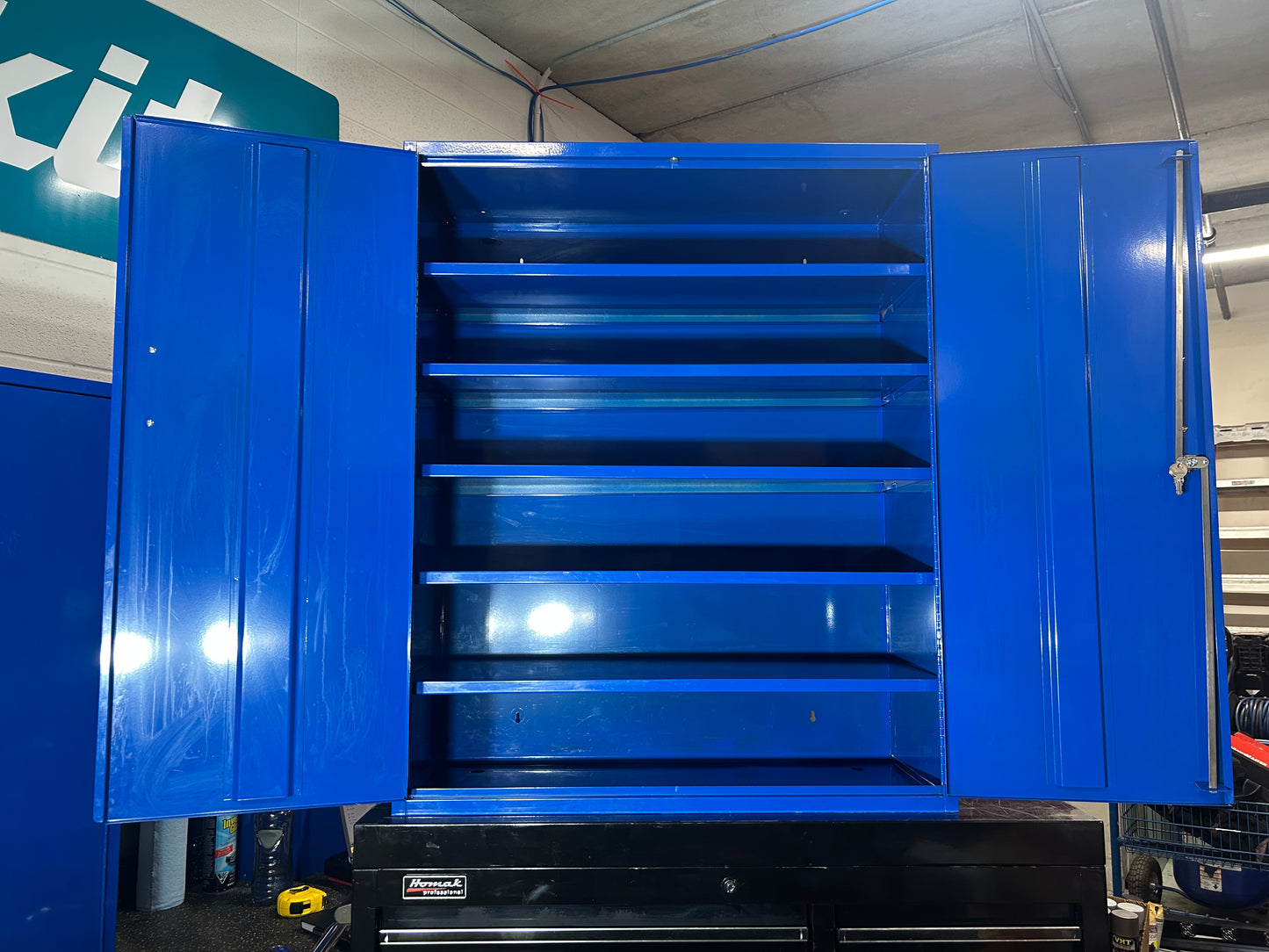 Wall Mounted Metal Storage Cabinet (Blue, 5 Adjustable Shelves, 32”W x 13.75”D x 39”H)