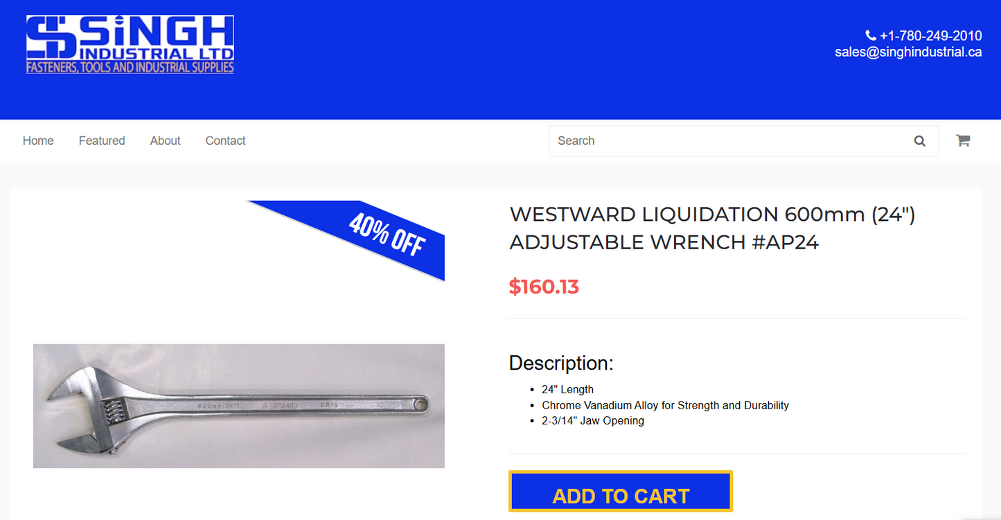 Westward 24” (600mm) Adjustable Wrench (Chrome Vanadium Steel, up to 2-3/4” Jaw, Model AP-24)