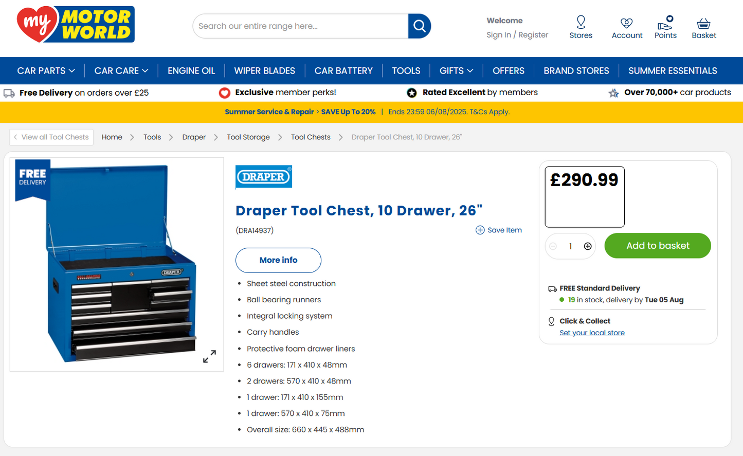 Craftsman Metal Tool Chest (Blue, 10 Drawers, 26”W x 18”D x 20.5”H)