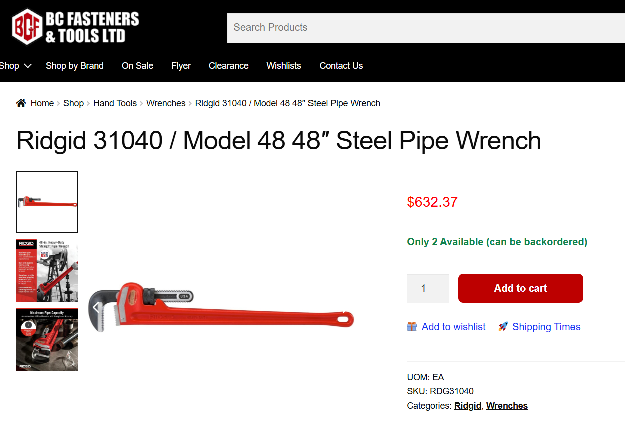 RIDGID 48” Heavy-Duty Steel Straight Pipe Wrench