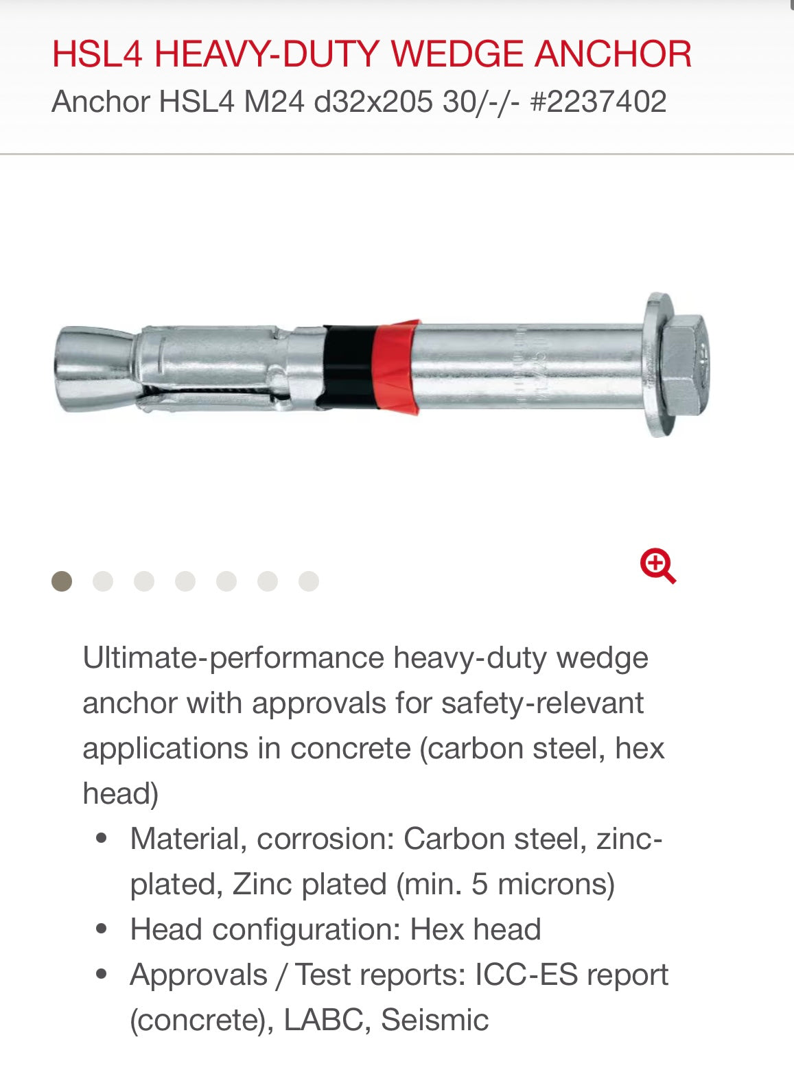 Hilti HSL4 Heavy-Duty Wedge Anchors (M24, 205mm or 8”, 4-piece set)