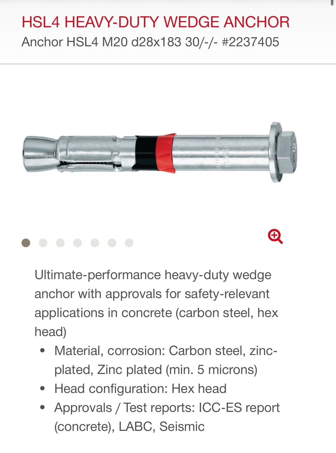 Hilti HSL4 Heavy-Duty Wedge Anchors (M20, 183mm or 7-1/4”, 5-piece set)