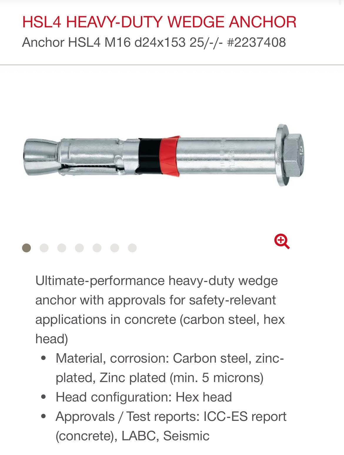 Hilti HSL4 Heavy-Duty Wedge Anchors (M16, 153mm or 6”, 10-piece set)