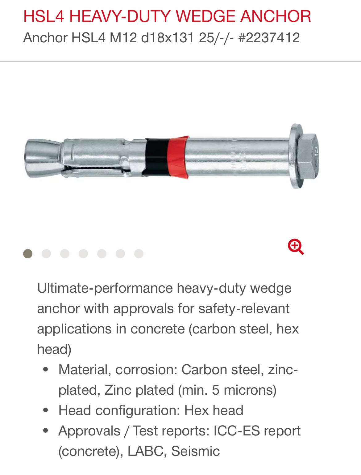 Hilti HSL4 Heavy-Duty Wedge Anchors (M12, 131mm or 5-1/4”, 20-piece set)