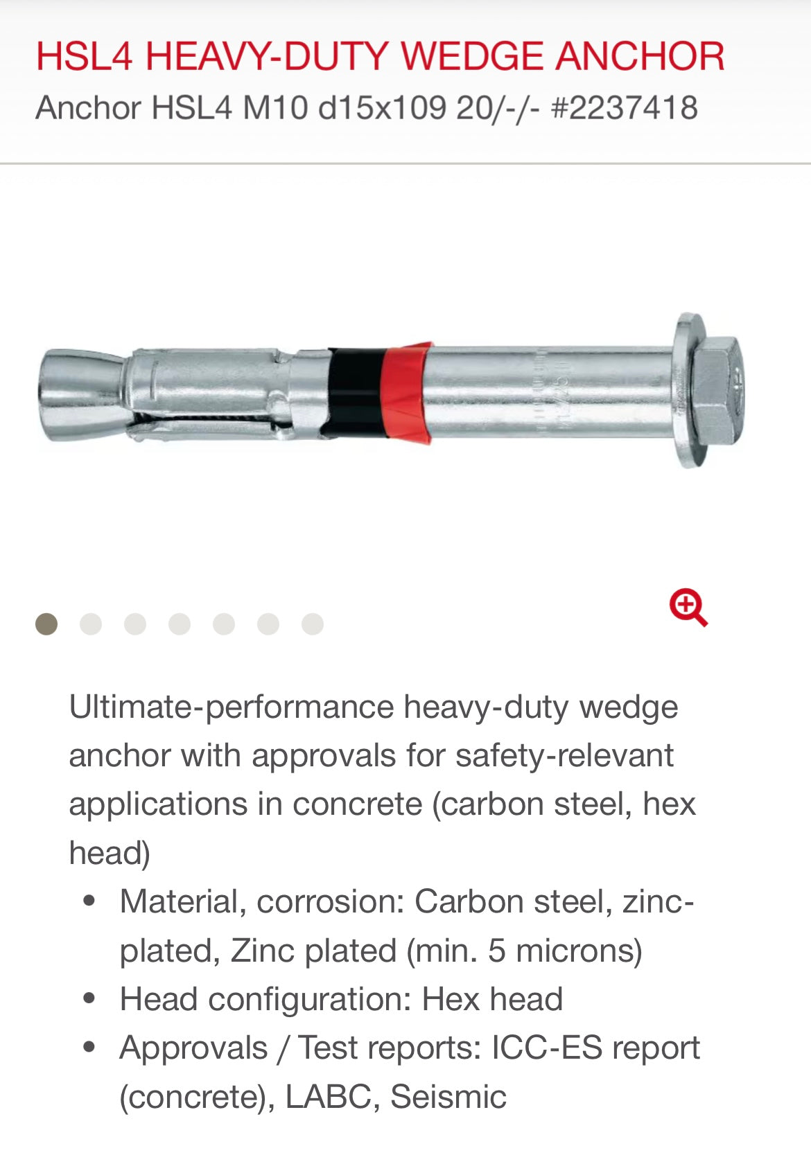 Hilti HSL4 Heavy-Duty Wedge Anchors (M10, 109mm or 4-1/4”, 8 pieces only)