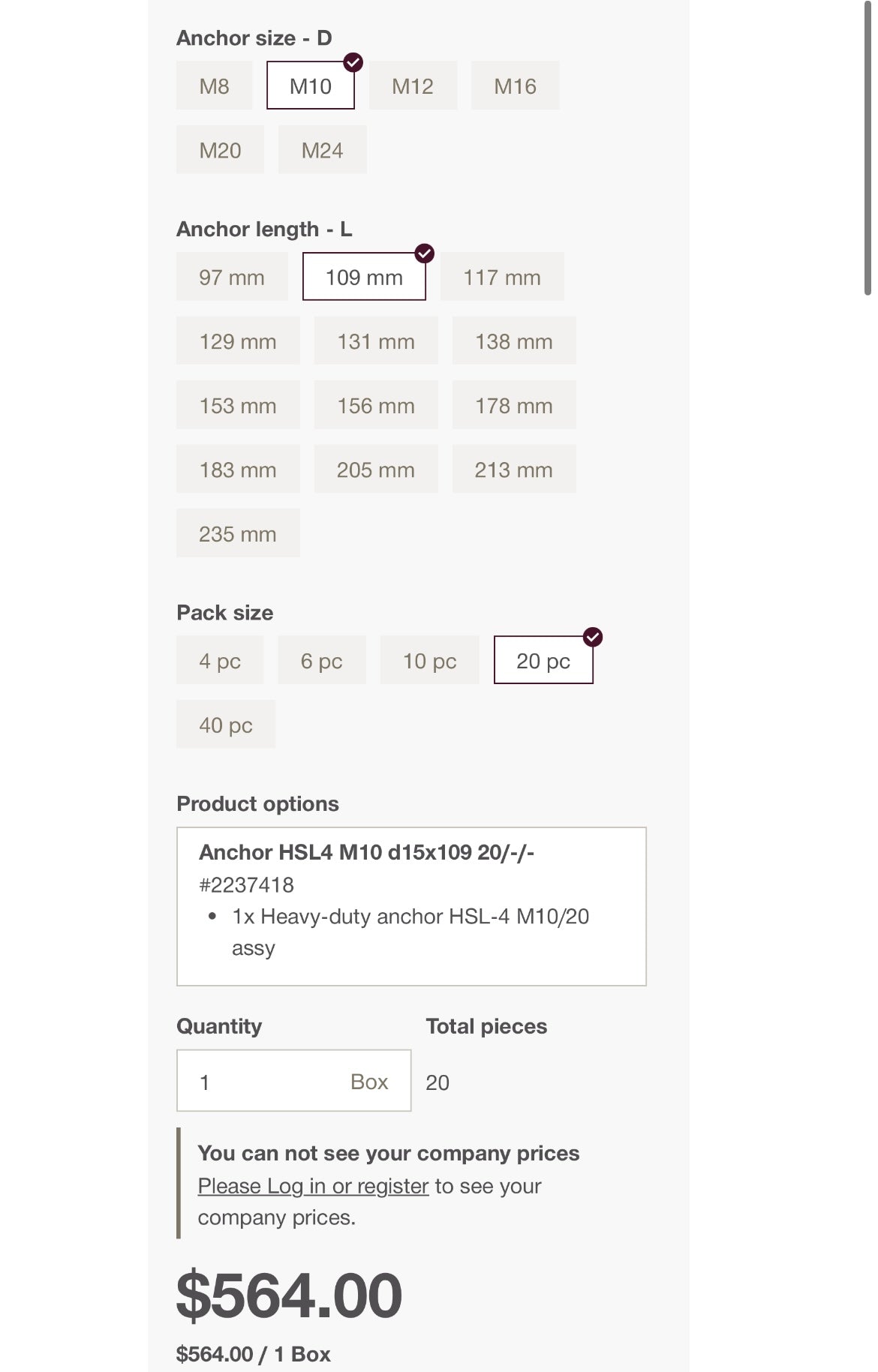 Hilti HSL4 Heavy-Duty Wedge Anchors (M10, 109mm or 4-1/4”, 8 pieces only)