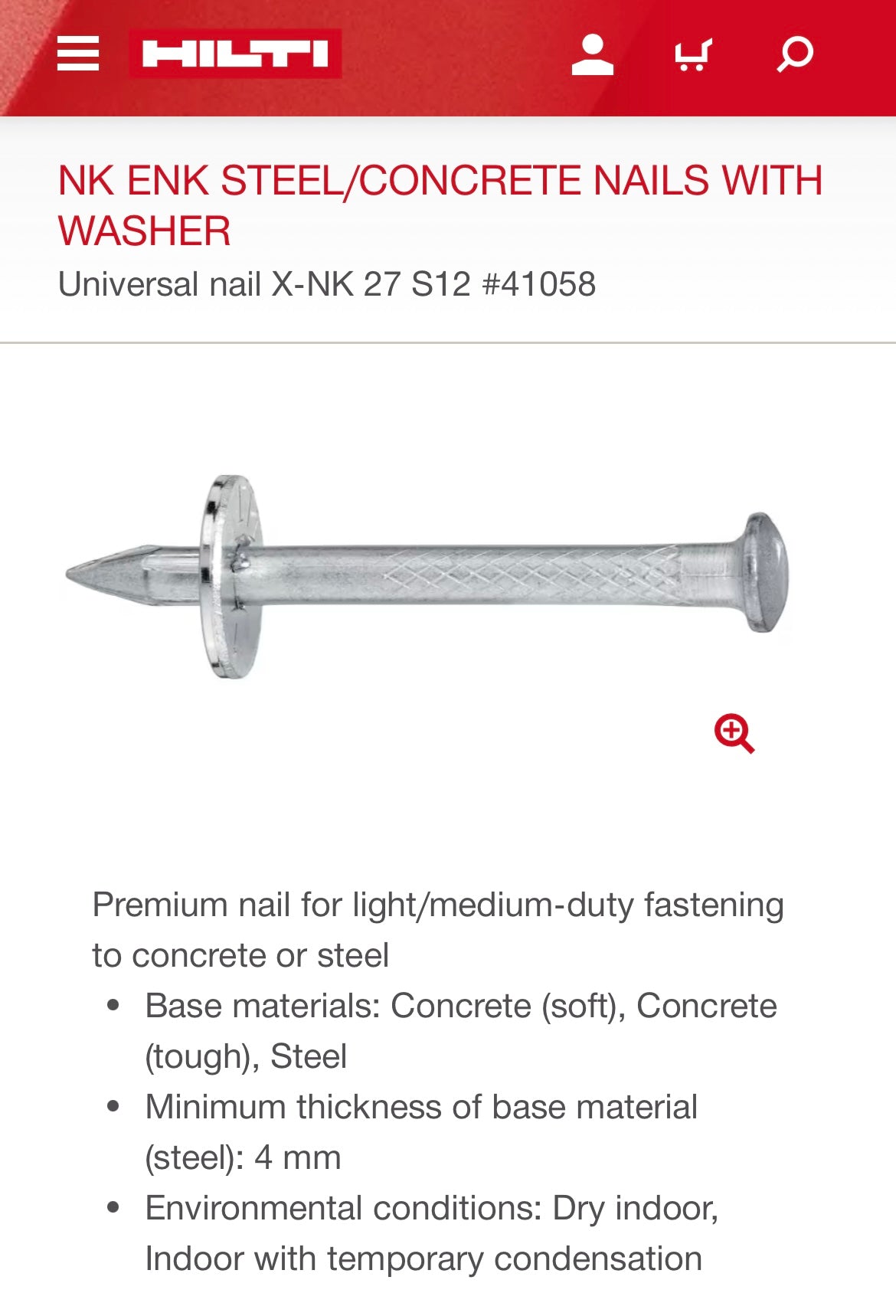 Hilti NK ENK Steel/Concrete Nails with Washer (27mm or 1-1/16”, 67 pieces only)