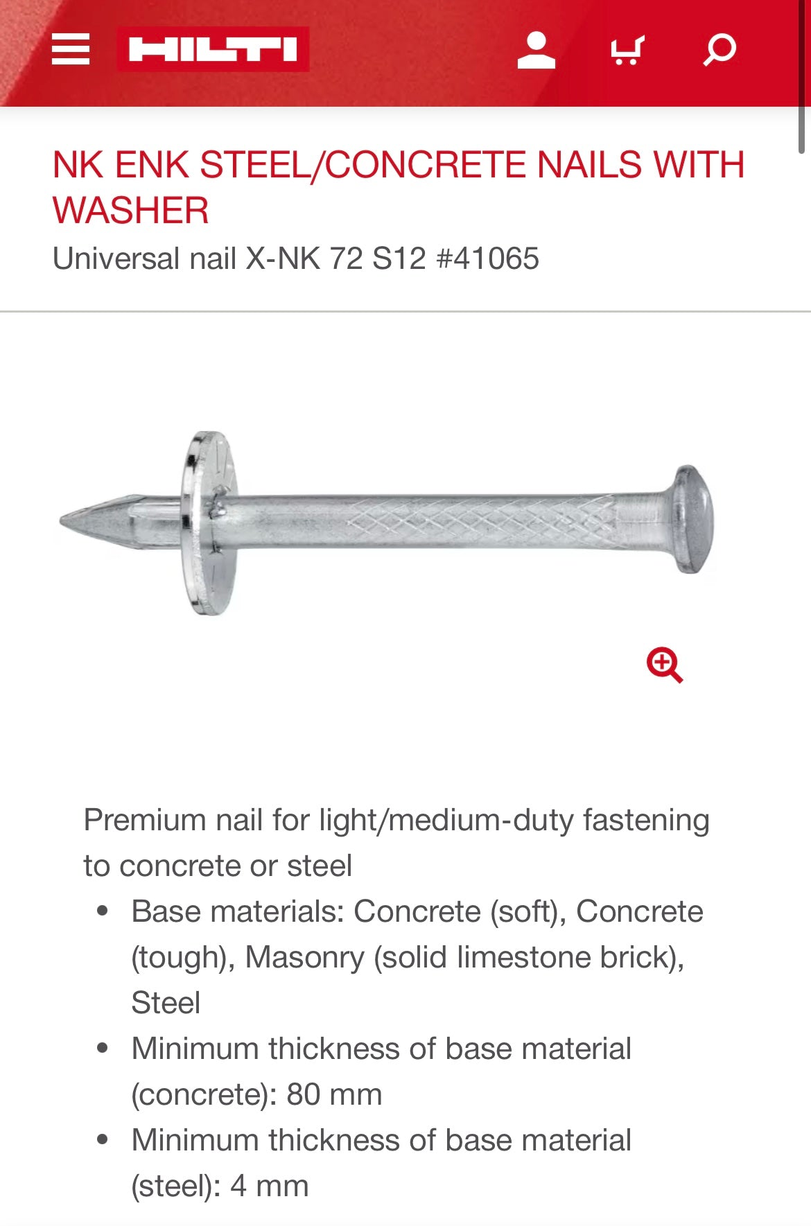 Hilti NK ENK Steel/Concrete Nails with Washer (72mm or 2-7/8”, 100-piece set)