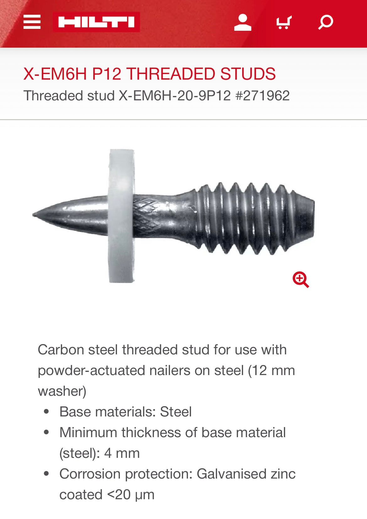 Hilti EW6-20-12 P12 Threaded Studs (W6, 20mm or 13/16”, 100-piece set)